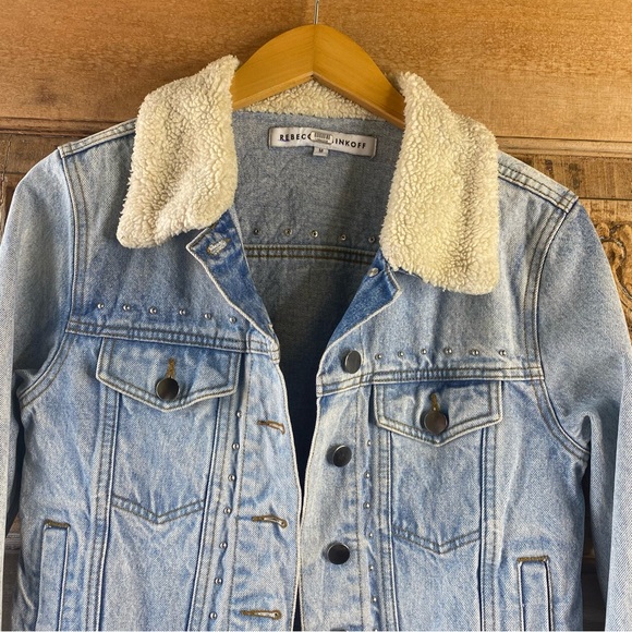 Rebecca Minkoff Denim Studded Detail Sherpa Collar Jean Jacket Size M - Picture 2 of 10